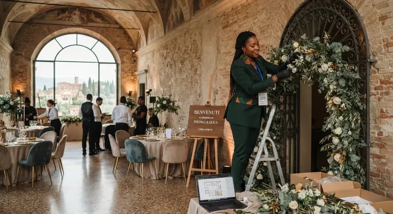 Event planner decorating a venue entrance