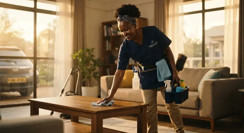 Cleaner tidying a client's living room
